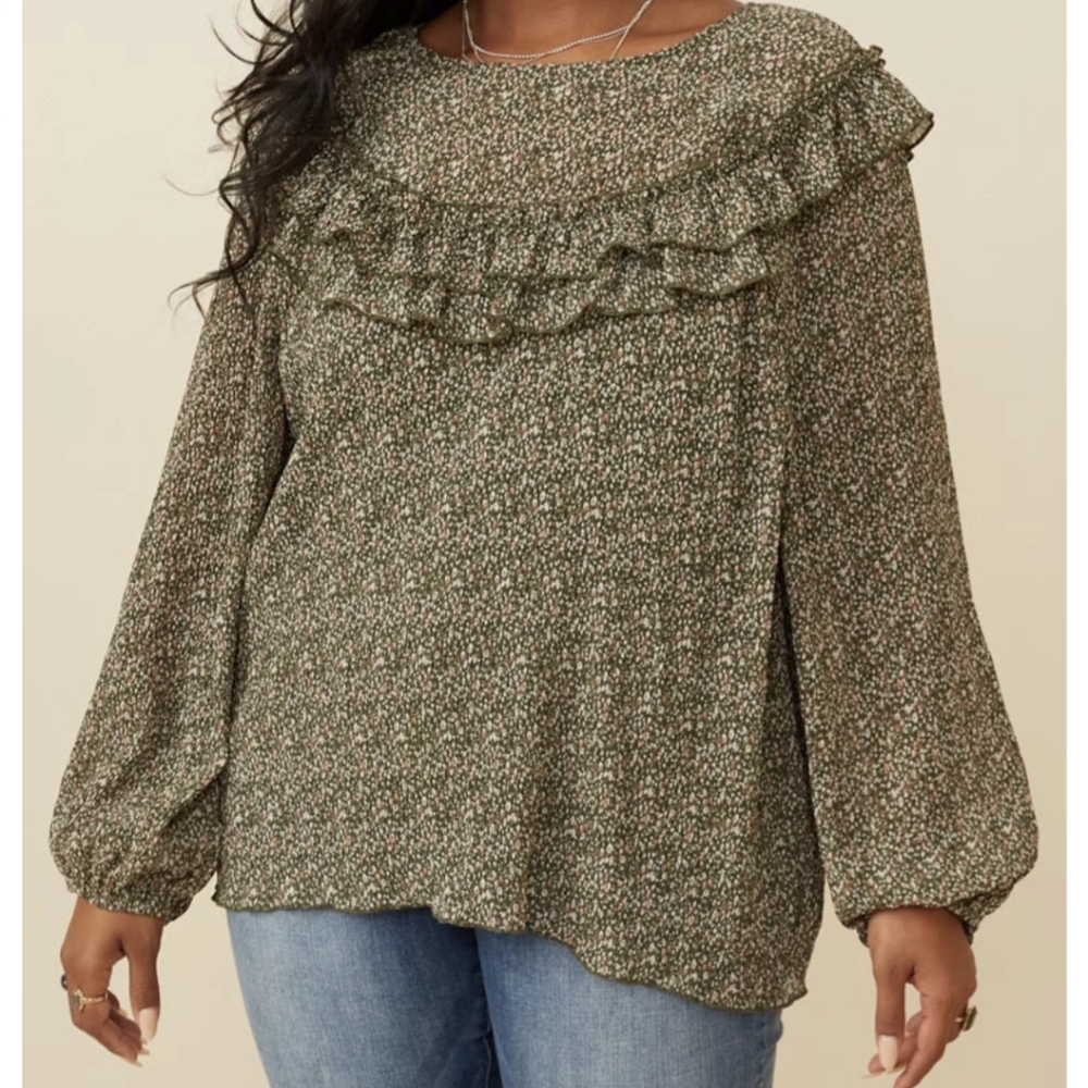 Hayden Los Angeles Ditsy Floral Long Sleeve Ruffle Bibbed Blouse Top